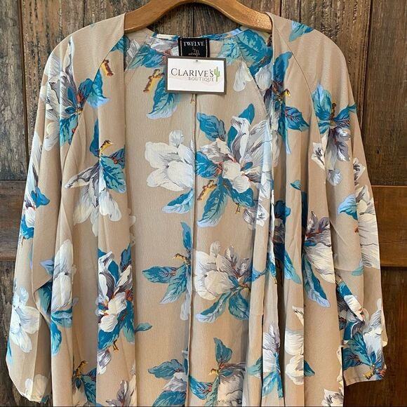 Twelve by On Twelve S NWT Cream Turquoise Floral Flowy Open Boho Kimono Duster - Picture 4 of 10
